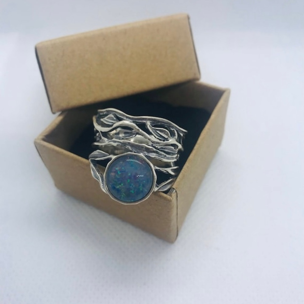 ‘PZ ISRAEL’ Silver, Lab Created Doublet Opal, Wired Leaf Motif Ring, Size 10